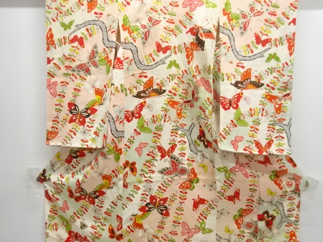 JAPANESE KIMONO / ANTIQUE KIMONO / SILK / KINSHA / BUTTERFLY & PLANTS